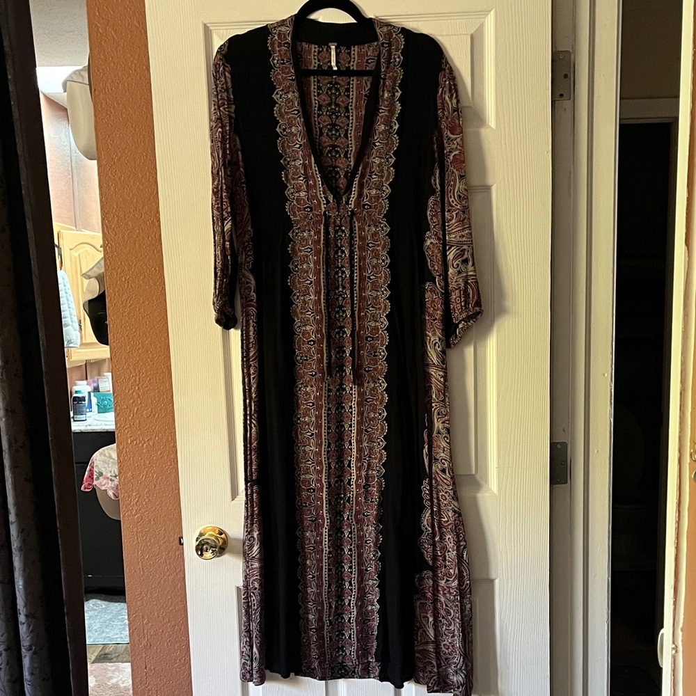 Free People Black and Burgundy Long Sleeve Dress